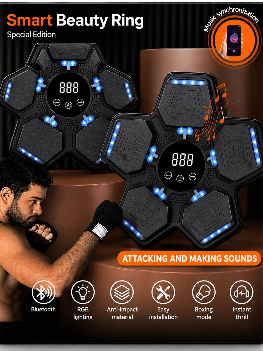 🥊 Bluetooth Boxing Trainer RGB Music Reaction Machine NIB